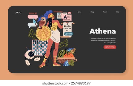 Athena-themed AI technology interface. A fusion of Greek mythology and modern artificial intelligence illustrated. Vector illustration.