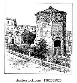 El Reloj de la Ciudad de Atenas, en la Edad Helénica, un tipo específico de edificio, alberga un reloj de torrecilla y tiene una o más caras de reloj, dibujo de línea vintage o ilustración de grabado.