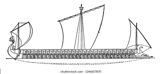 Un Trirreme ateniense tiene tres filas de remos a cada lado con un hombre operando cada dibujo de línea vintage o ilustración de grabado.