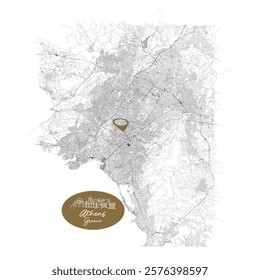 Athens capital city of Greece,Urban Streets Roads Map with city center location pin, illustration vector element image 