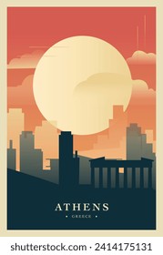 Athens city brutalism poster with abstract skyline, cityscape retro vector illustration. Greece capital travel front cover, brochure, flyer, leaflet, business presentation template image