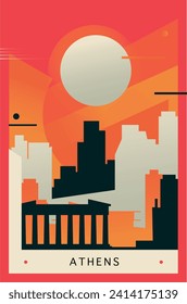 Athens city brutalism poster with abstract skyline, cityscape retro vector illustration. Greece capital travel front cover, brochure, flyer, leaflet, business presentation template image