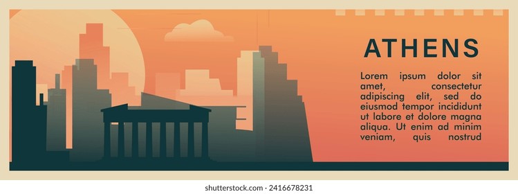 Athens city brutalism vector banner with skyline, cityscape. Greece capital town retro horizontal illustration, travel layout for web presentation, header, footer