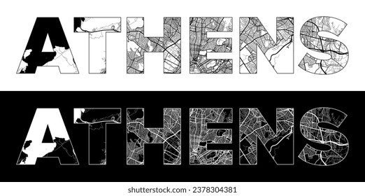 Athens City Name (Greece, Europe) with black white city map illustration vector