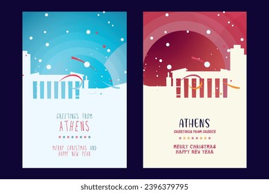 Athens city poster with Christmas skyline, cityscape, landmarks. Winter Greece holiday, New Year vertical vector layout for brochure, website, flyer, leaflet, card