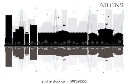 Athens City skyline black and white silhouette with reflections. Vector illustration. Simple flat concept for tourism presentation, banner, placard or web site. Cityscape with famous landmarks.