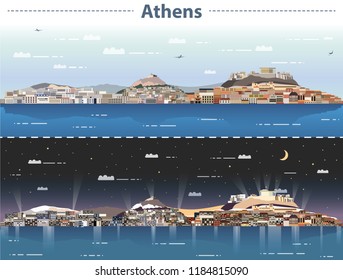 Athens city skyline at day and night vector illustration