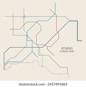 Athens city subway vector map colored