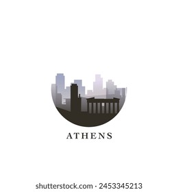 Athens cityscape, gradient vector badge, flat skyline logo, icon. Greece capital city round emblem idea with landmarks and building silhouettes. Isolated graphic