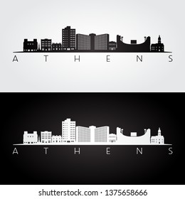 Athens, Georgia USA skyline and landmarks silhouette, black and white design, vector illustration.