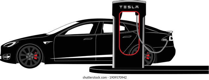 ATHENS, GREECE, 4 FEB 2021 : Tesla Modern Electric Car Charging On Tesla Super Charging Station. Silhouette Black Illustration On White Background. Vector 10 Eps