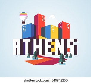Athens in greece is Beautiful city to visit on holiday, vector cartoon illustration