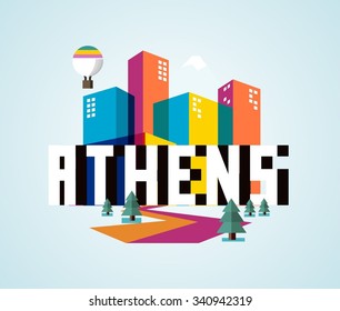 Athens in greece is Beautiful city to visit on holiday, vector cartoon illustration