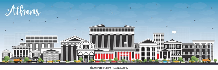 Athens Greece City Skyline with Color Buildings and Blue Sky. Vector Illustration. Business Travel and Tourism Concept with Historic and Modern Architecture. Athens Cityscape with Landmarks.