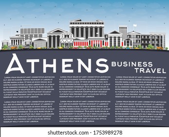 Athens Greece City Skyline with Color Buildings, Blue Sky and Copy Space. Vector Illustration. Business Travel and Tourism Concept with Historic and Modern Architecture. Athens Cityscape with Landmark