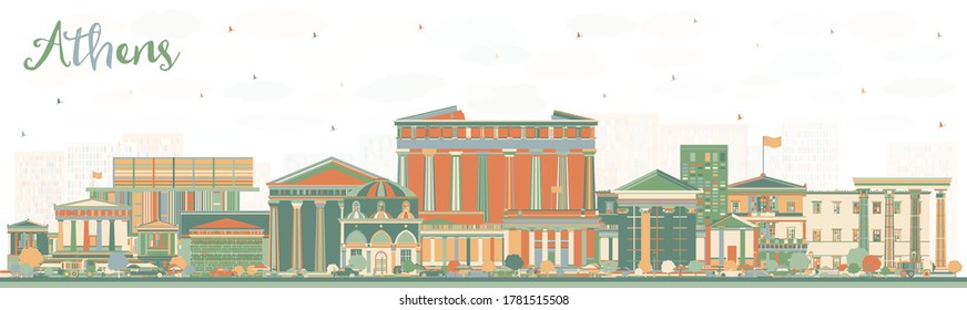 Athens Greece City Skyline with Color Buildings. Vector Illustration. Business Travel and Tourism Concept with Historic and Modern Architecture. Athens Cityscape with Landmarks.