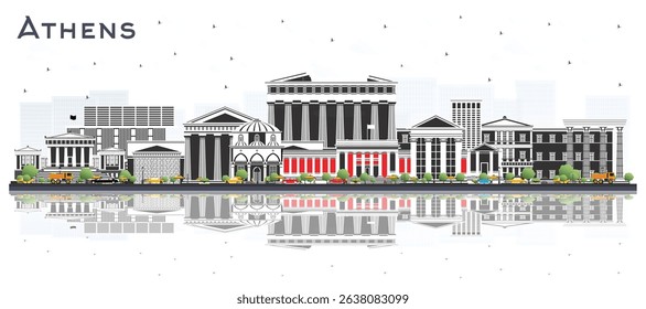 Athens Greece City Skyline with Color Buildings and reflections Isolated on White. Vector Illustration. Travel, Tourism Concept with Historic and Modern Architecture. Athens Cityscape with Landmarks.