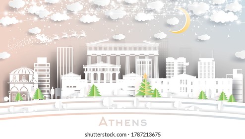 Athens Greece City Skyline in Paper Cut Style with Snowflakes, Moon and Neon Garland. Vector Illustration. Christmas and New Year Concept. Santa Claus on Sleigh.