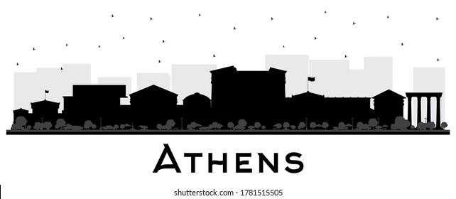 Athens Greece City Skyline Silhouette with Black Buildings Isolated on White. Vector Illustration. Business Travel and Tourism Concept with Historic and Modern Architecture. Athens Cityscape.