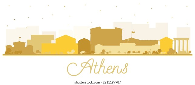 Athens Greece City Skyline Silhouette with Golden Buildings Isolated on White. Vector Illustration. Tourism Concept with Historic and Modern Architecture. Athens Cityscape with Landmarks.