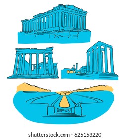 Athens Greece Colored Landmarks, Scalable Vector Monuments. Filled with Blue Shape and Yellow Highlights. 