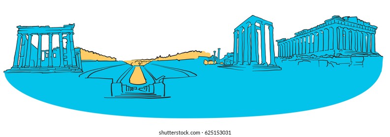 Athens Greece Colored Panorama, Filled with Blue Shape and Yellow Highlights. Scalable Urban Cityscape Vector Illustration 