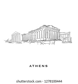 Athens Greece famous architecture. Outlined vector sketch separated on white background. Architecture drawings of all European capitals.