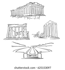 Athens Greece Famous Buildings, Monochrome Outlined Travel Landmarks, Scalable Vector Illustration