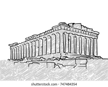 Athens, Greece famous temple sketch. Lineart drawing by hand. Greeting card design, vector illustration