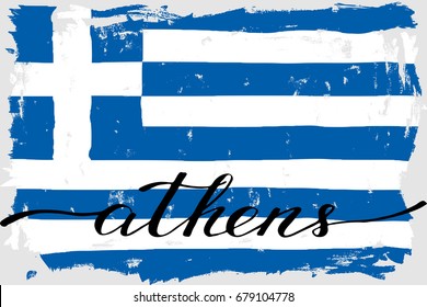 Athens greece greek flag painted grunge handwriting text vector. There are true colors of the flag, each color and text are on the different layers 