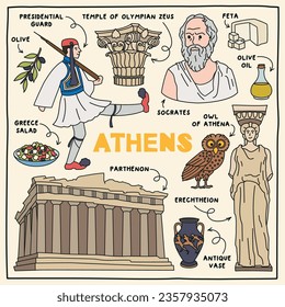 Athens, Greece. Hand drawn illustration of different landmarks and symbols. vector