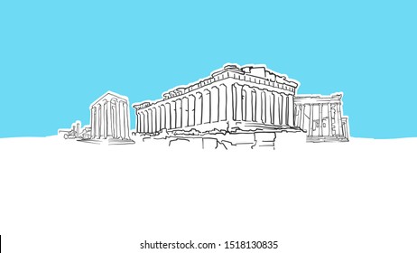 Athens Greece Lineart Vector Sketch. and Drawn Illustration on blue background.