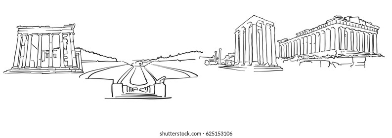 Athens Greece Panorama Sketch, Monochrome Urban Cityscape Vector Artprint