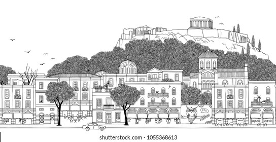 Athens, Greece - Seamless banner of the city’s skyline, hand drawn black and white illustration (can be tiled horizontally)
