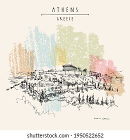 Athens, Greece. Vector Parthenon temple and the Acropolis hill drawing postcard. Retro style and drawing. Travel sketch. Vintage touristic Greece postcard, Athens poster, calendar, book illustration