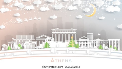 Athens Greece. Winter City Skyline in Paper Cut Style with Snowflakes, Moon and Neon Garland. Christmas and New Year Concept. Santa Claus on Sleigh. Athens Cityscape with Landmarks.