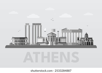 Athens landmarks and city scape. Greece capital skyline background for postcard, banner, poster. Greek world famous architectural sightseeing. Graphic flat vector illustration in white-gray colors.