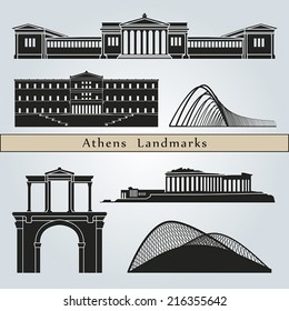 Athens landmarks and monuments isolated on blue background in editable vector file