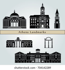 Athens landmarks and monuments isolated on blue background in editable vector file