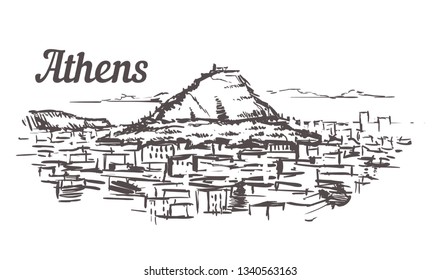 Athens, Lycabettus sketch.  Athens skyline hand drawn vintage vector illustration.  Isolated on white background.