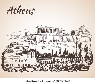 Athens panoramic outline sketch - Greece. Isolated on white background