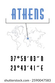 Athens poster or t-shirt graphic design. City coordinates and world map location typography. Creative minimal travel destination poster design.