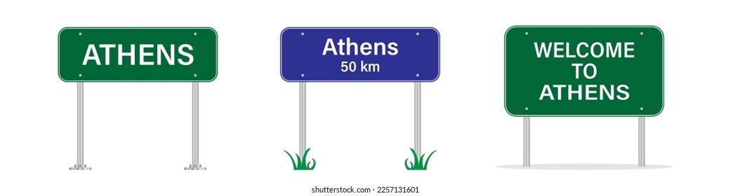 Athens road sign. Entering Athens. Welcome to Athens in Rome. Vector image