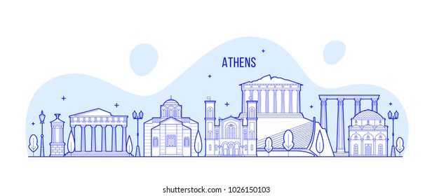 Athens Skyline, Griechenland. Diese Abbildung stellt die Stadt mit ihren bemerkenswertesten Gebäuden dar. Vektorgrafik ist vollständig editierbar, jedes Objekt ist holistisch und beweglich