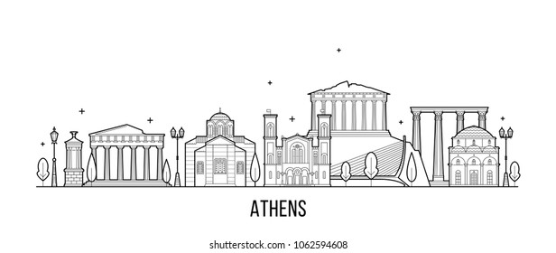 Athens Skyline, Griechenland. Diese Abbildung stellt die Stadt mit ihren bemerkenswertesten Gebäuden dar. Vektorgrafik ist vollständig editierbar, jedes Objekt ist holistisch und beweglich