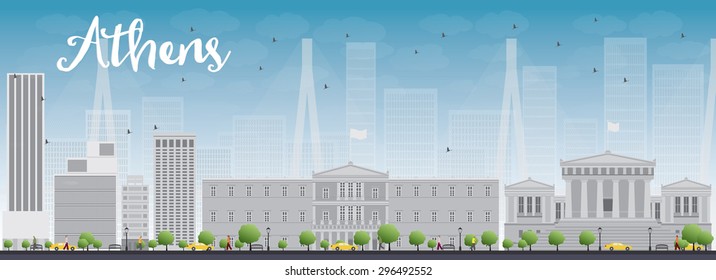 Athens Skyline with Grey Buildings and Blue Sky. Vector Illustration. Business and tourism concept. Image for presentation, banner, placard and web site