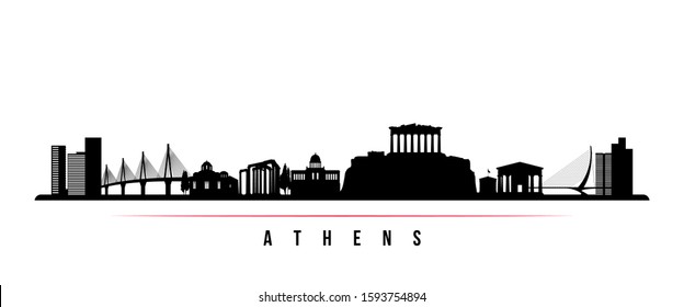 Athens skyline horizontal banner. Black and white silhouette of Athens, Greece. Vector template for your design. 