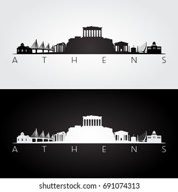 Athens skyline and landmarks silhouette, black and white design, vector illustration.