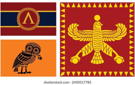 Athens and Sparta flags against Persian Empire flag. Ancient symbol Sparta, Athens polis vector illustration. City state in ancient Greece. Brave warriors from antique Greek Persian war. Athens flag.