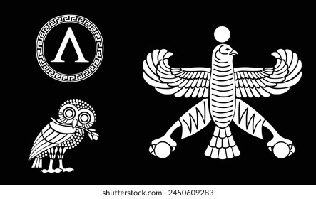 Banderas de Atenas y Esparta contra la bandera del Imperio Persa. Símbolo antiguo Esparta, Ilustración vectorial de Atenas. Ciudad estado en la antigua Grecia. Valientes guerreros de la antigua guerra griega persa. Bandera de Atenas.